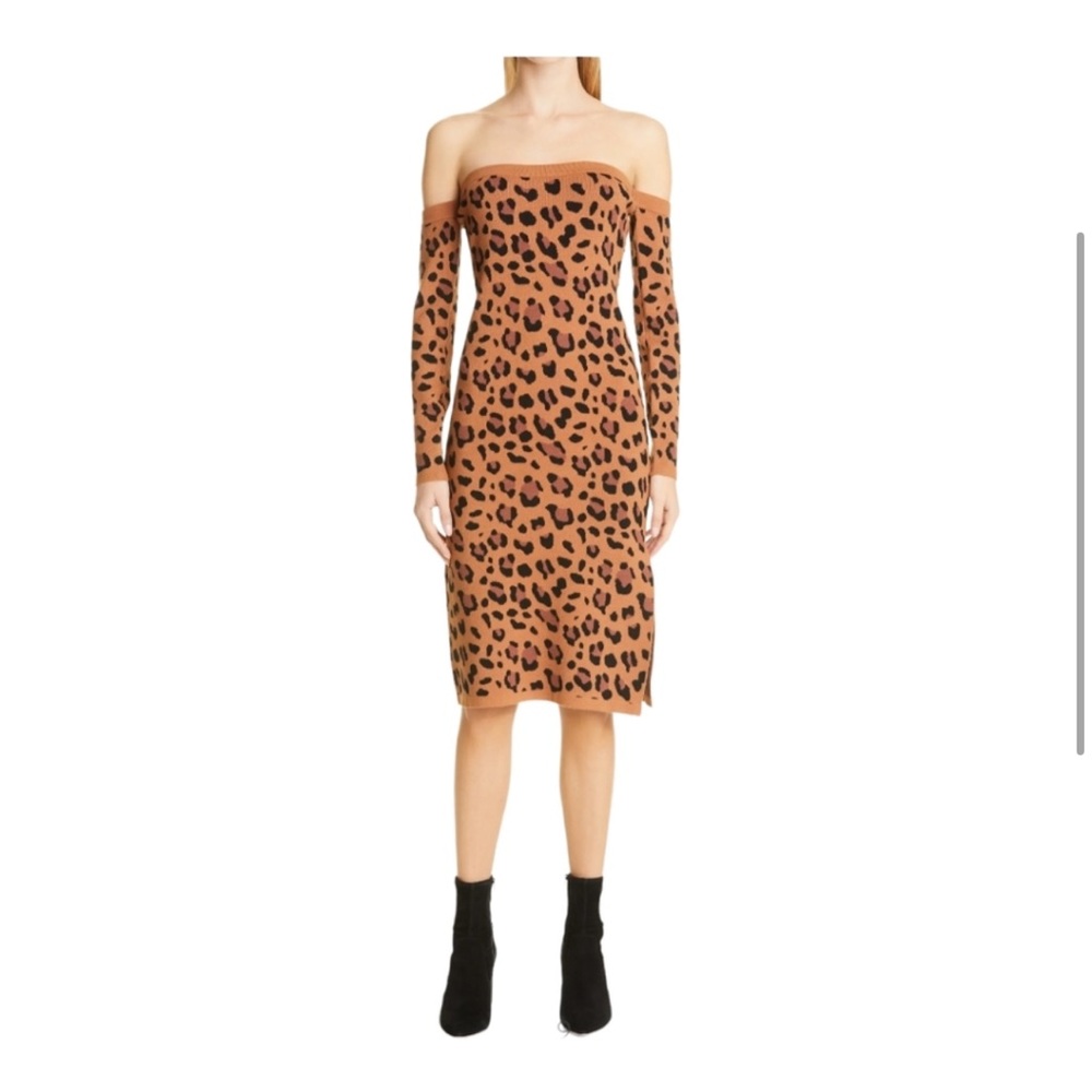 L’AGENCE Felicia Off‑Shoulder Leopard Sweater Dress – Size S NWT Midi Knit